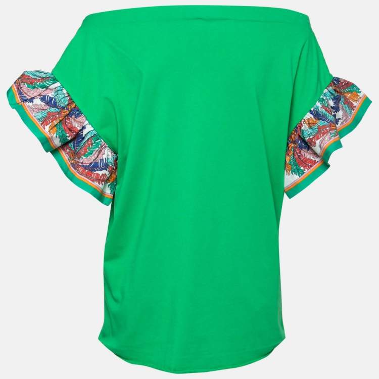 Pre Owned Emilio Pucci Green Cotton & Silk Contrast Sleeve Detail T-Shirt L