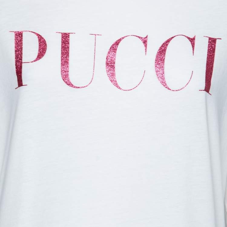 Pre Owned Emilio Pucci White Logo Printed Crew Neck Top L