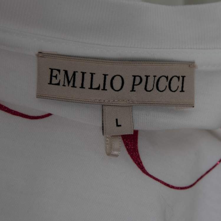 Pre Owned Emilio Pucci White Logo Printed Crew Neck Top L