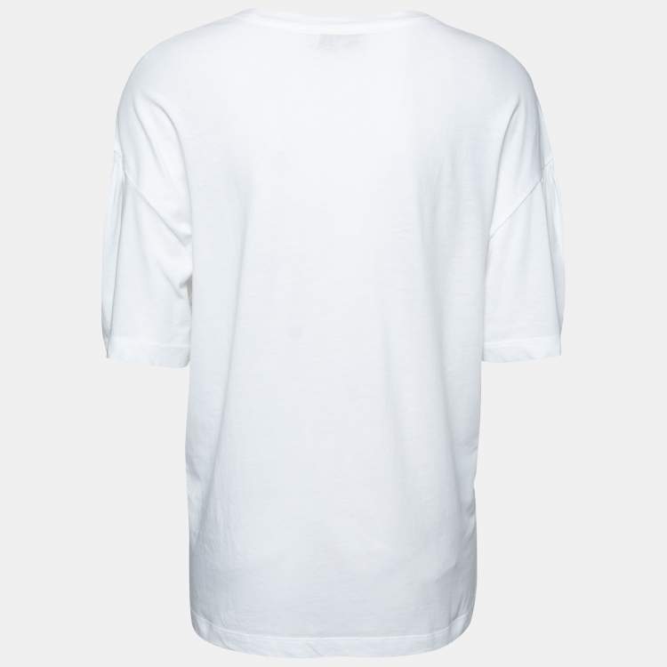 Pre Owned Emilio Pucci White Logo Printed Crew Neck Top L