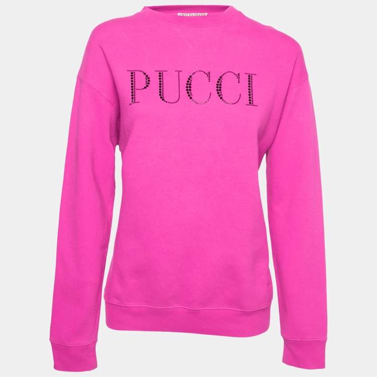 Pre Owned Emilio Pucci Pink Sequin Logo Cotton Crew Neck Sweatshirt M