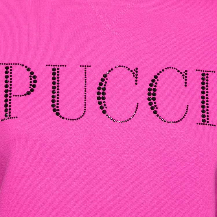 Pre Owned Emilio Pucci Pink Sequin Logo Cotton Crew Neck Sweatshirt M