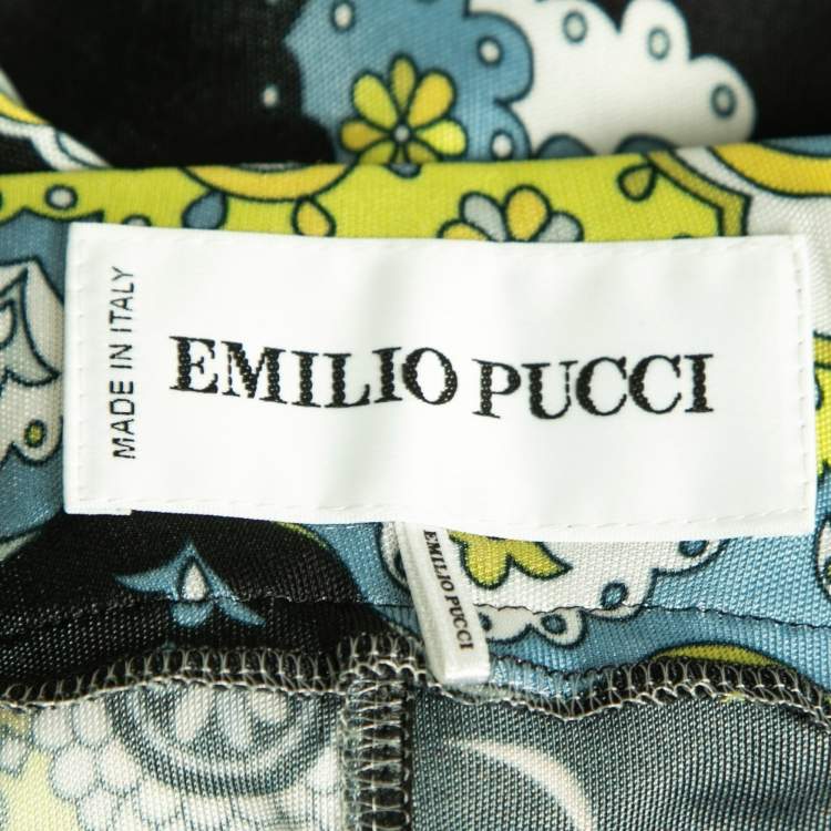 Pre Owned Emilio Pucci Navy Blue Floral Printed Jersey Flared Pants S