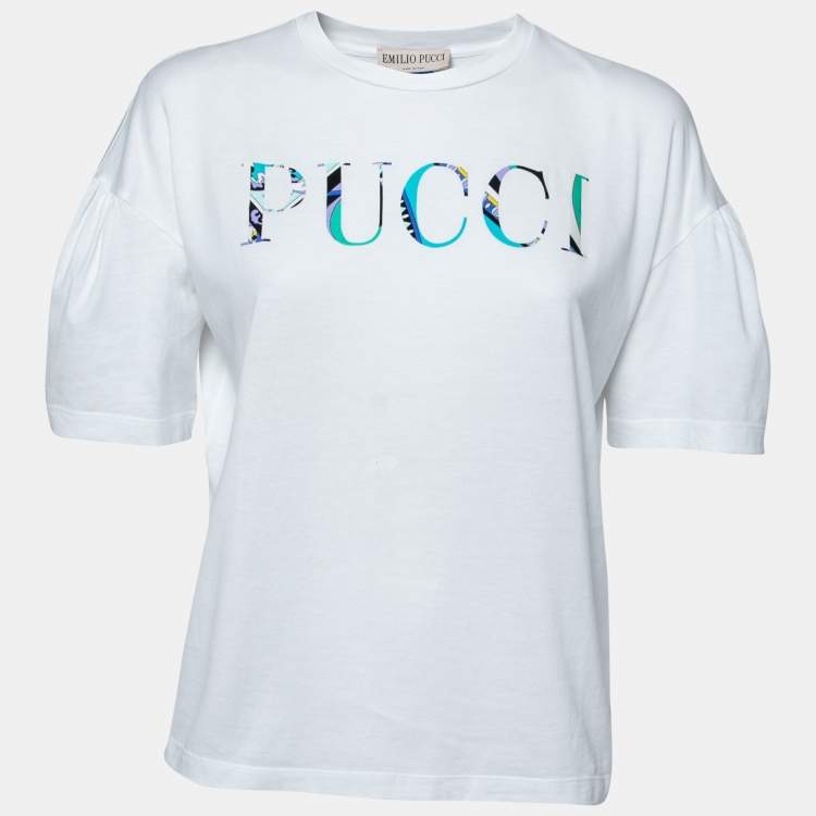 Pre Owned Emilio Pucci White Logo Printed Cotton Short Sleeve T-Shirt S