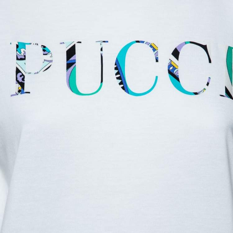 Pre Owned Emilio Pucci White Logo Printed Cotton Short Sleeve T-Shirt S