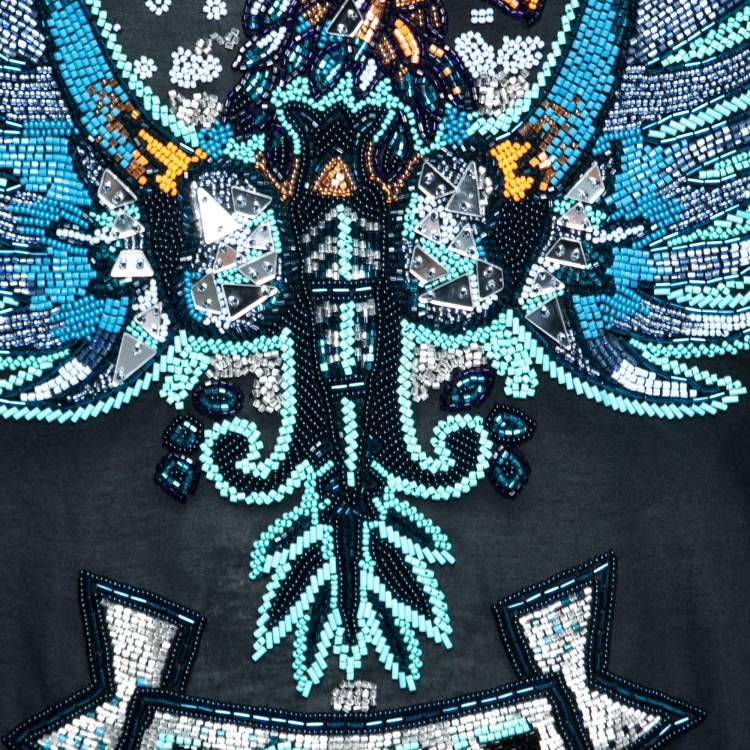 Pre Owned Emilio Pucci Black Cotton Bead Embroidered Embellished Round Neck T-Shirt S
