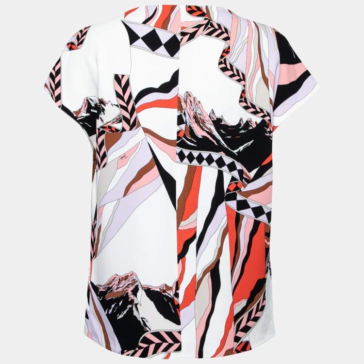 Pre Owned Emilio Pucci Multicolor Printed Stretch Crepe Round Neck Top M