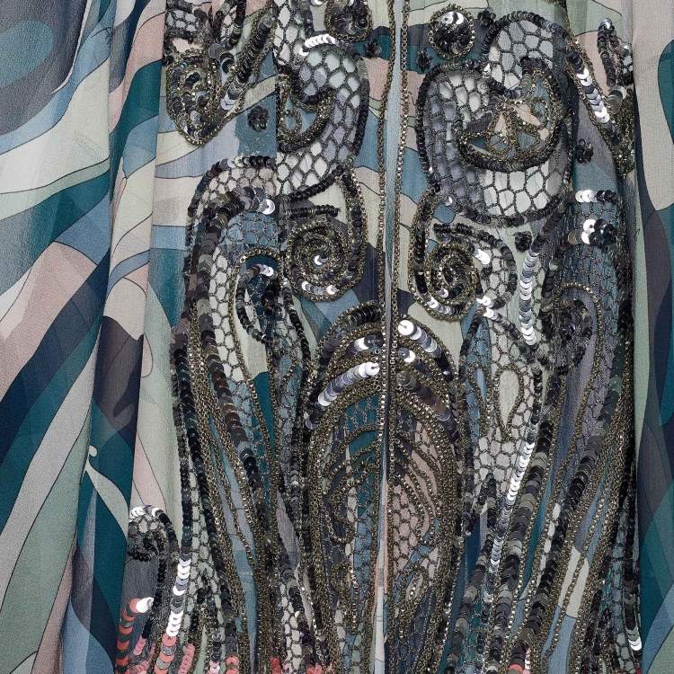 Pre Owned Emilio Pucci Multicolor Printed Silk Embellished Blouse S