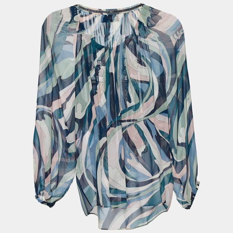 Pre Owned Emilio Pucci Multicolor Printed Silk Embellished Blouse S