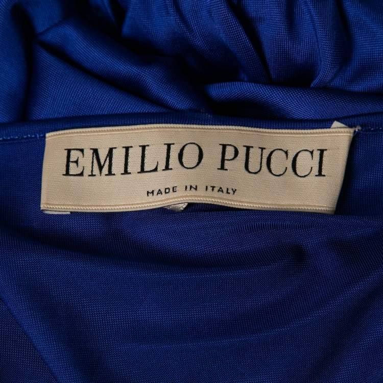 Pre Owned Emilio Pucci Blue Jersey Wrap Effect Pleated Blouse M