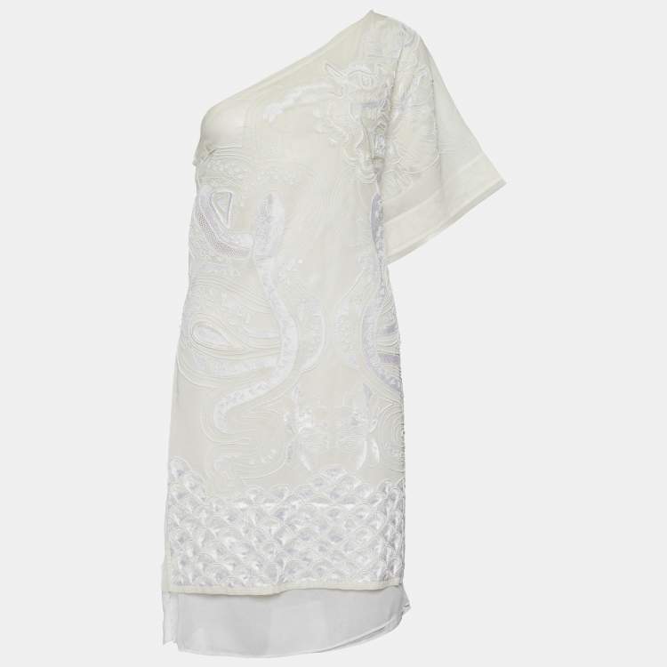 Pre Owned Emilio Pucci Ivory Cotton Voile Embellished One Shoulder Dress L