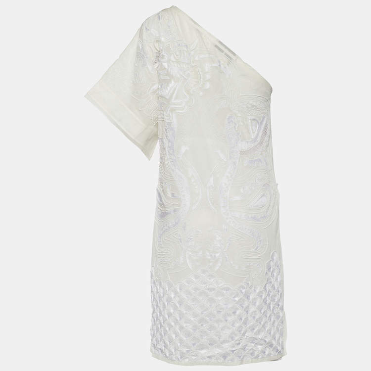 Pre Owned Emilio Pucci Ivory Cotton Voile Embellished One Shoulder Dress L