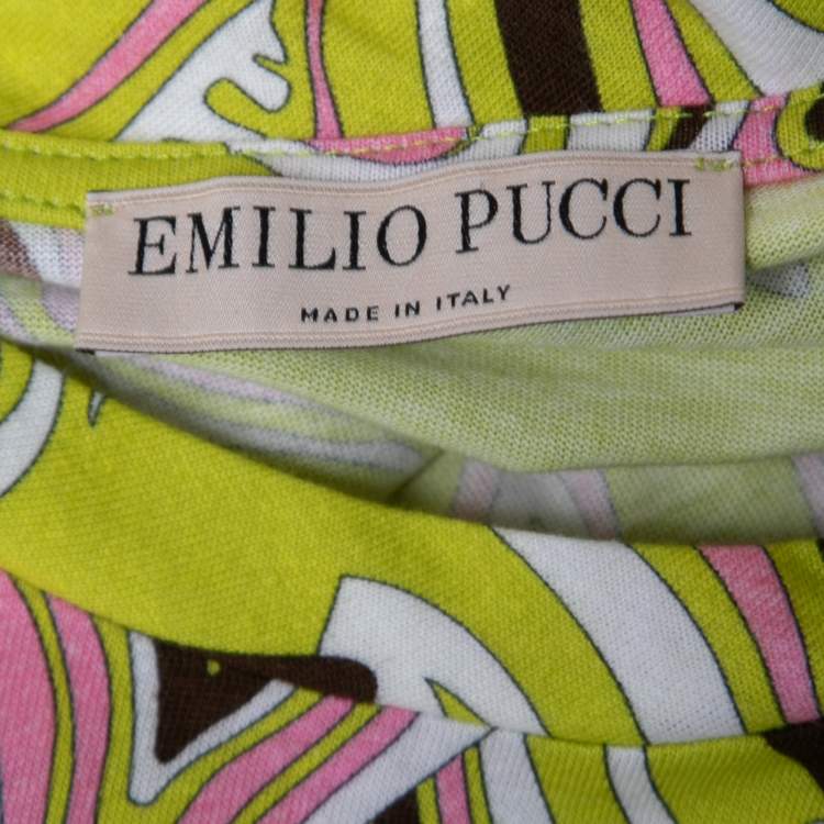 Pre Owned Emilio Pucci Neon Green Printed Cotton Round Neck T-Shirt S