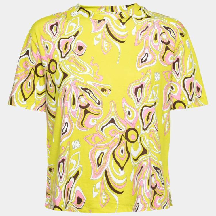 Pre Owned Emilio Pucci Neon Green Printed Cotton Round Neck T-Shirt S