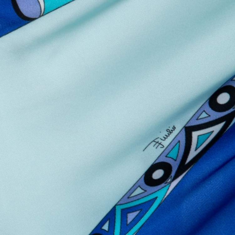 Pre Owned Emilio Pucci Blue Multicolor Printed Jersey Draped Dress M