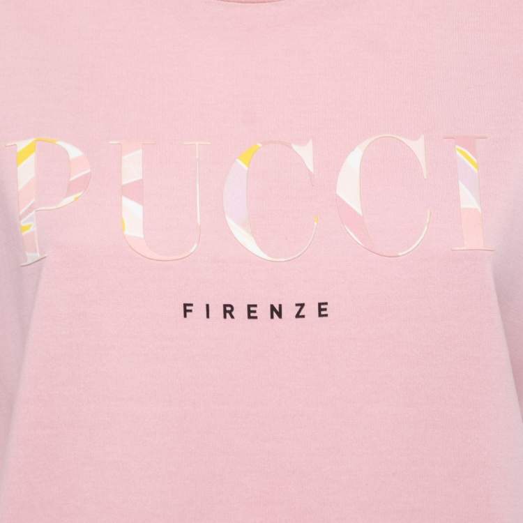 Pre Owned Emilio Pucci Pink Jersey Logo Printed Short Sleeve T-Shirt L