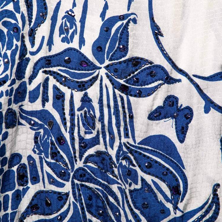 Pre Owned Emilio Pucci Blue & White Silk Jacquard Embellished Mini Dress S