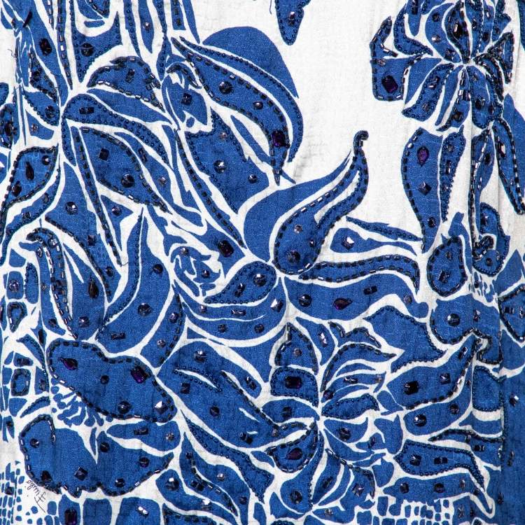 Pre Owned Emilio Pucci Blue & White Silk Jacquard Embellished Mini Dress S