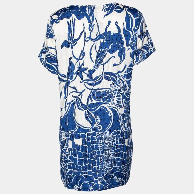 Pre Owned Emilio Pucci Blue & White Silk Jacquard Embellished Mini Dress S