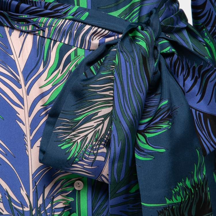 مملوكة مسبقًا Emilio Pucci Blue Multicolor Printed Silk Belted Shirt Dress M