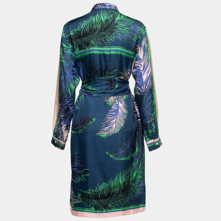مملوكة مسبقًا Emilio Pucci Blue Multicolor Printed Silk Belted Shirt Dress M