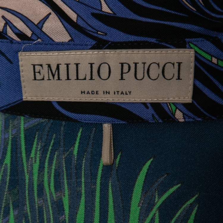 مملوكة مسبقًا Emilio Pucci Blue Multicolor Printed Silk Belted Shirt Dress M