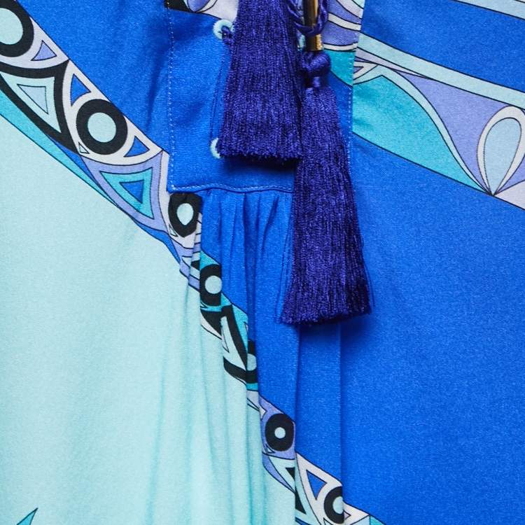 Pre Owned Emilio Pucci Blue Printed Silk Lace Up Blouse S