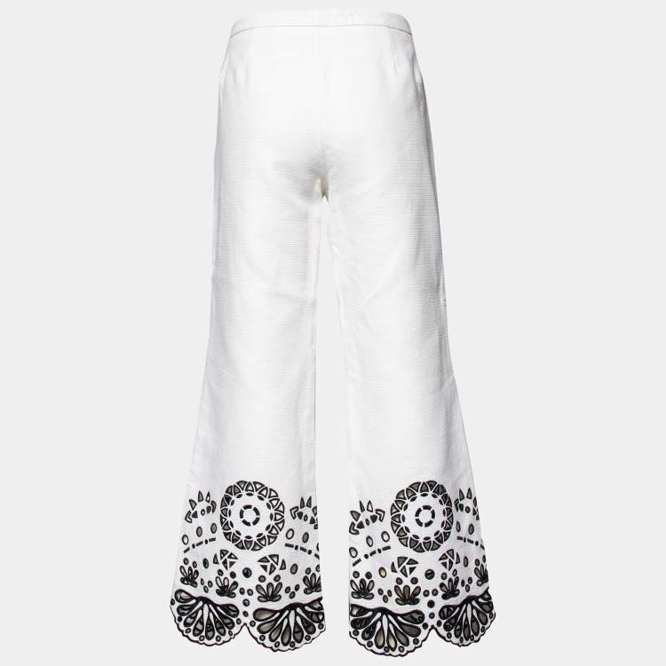 Pre Owned Emilio Pucci White Cotton Cutwork Detail Straight Leg Trousers M