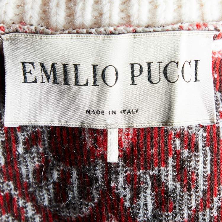 Pre Owned Emilio Pucci Beige Patterned Jacquard Knit Fringed Turtleneck Poncho M