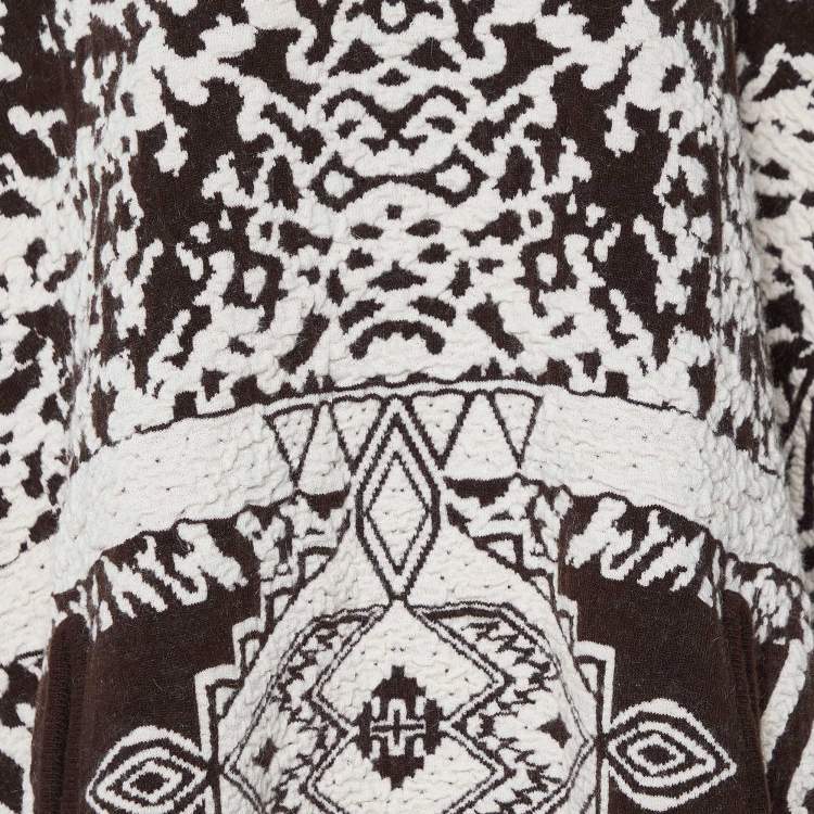 Pre Owned Emilio Pucci Beige Patterned Jacquard Knit Fringed Turtleneck Poncho M