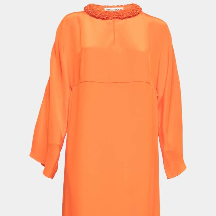 مملوكة مسبقًا Emilio Pucci Orange Silk Embellished Neck Detail Long Dress S