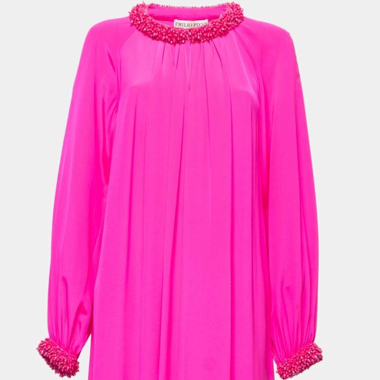 Pre Owned Emilio Pucci Pink Silk Embellished Neck Detail Pleated Long Dress S