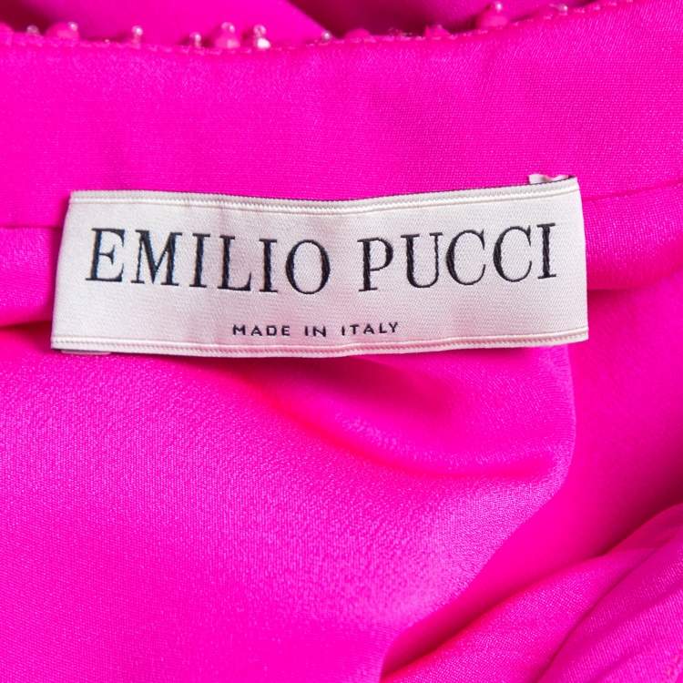 Pre Owned Emilio Pucci Pink Silk Embellished Neck Detail Pleated Long Dress S