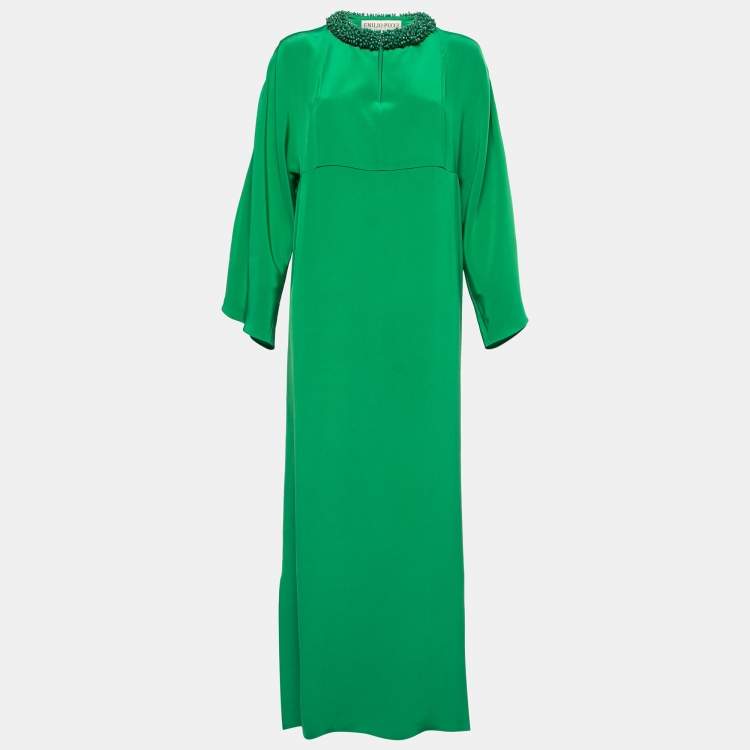 Pre Owned Emilio Pucci Green Silk Embellished Neck Detail Long Dress S 