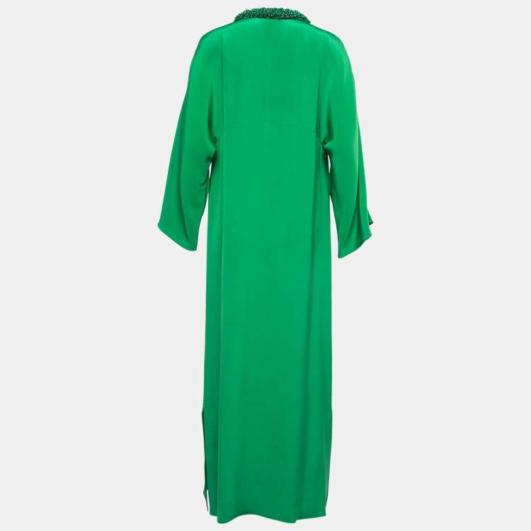 Pre Owned Emilio Pucci Green Silk Embellished Neck Detail Long Dress S 