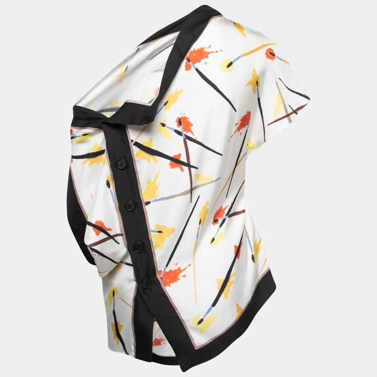 Pre Owned Emilio Pucci White Floral Printed Silk Asymmetrical Top M