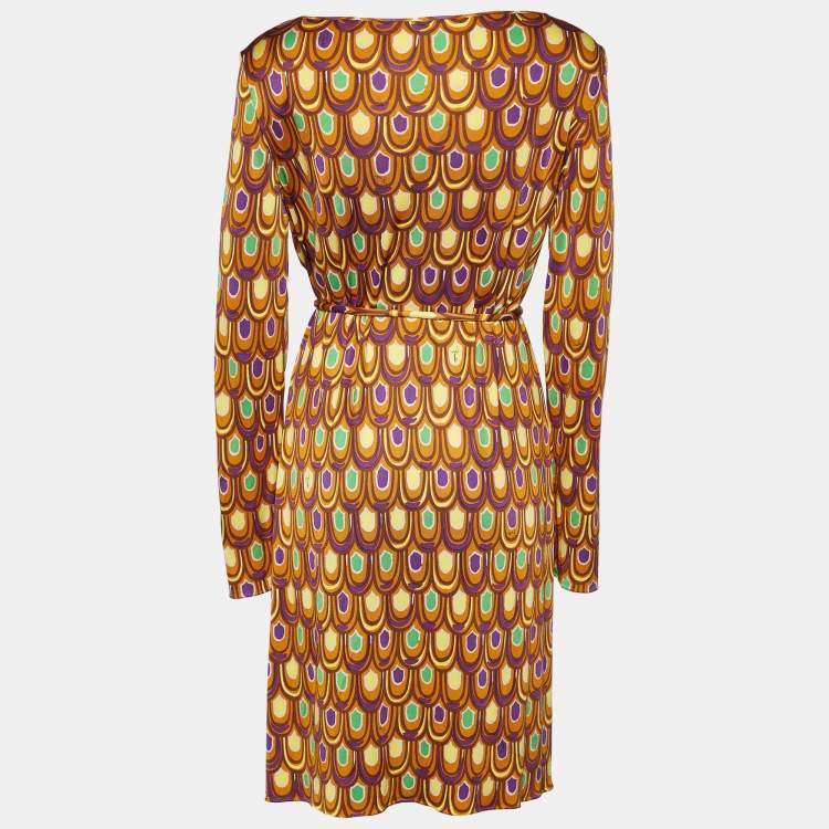 Pre Owned Emilio Pucci Brown Printed Silk Knit Belted Shift Dress L