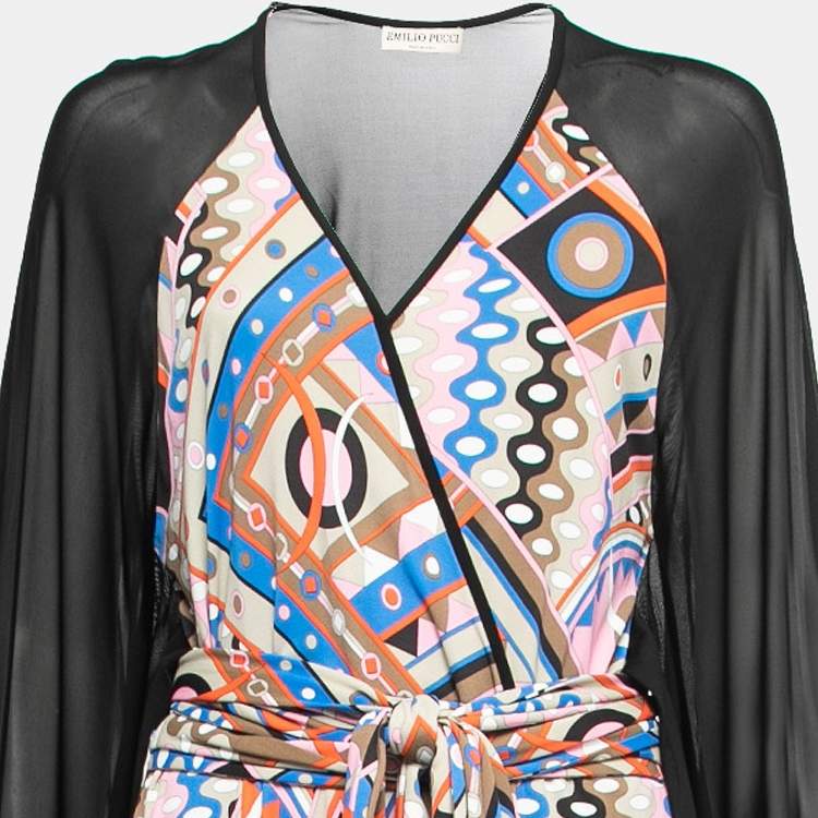 Pre Owned Emilio Pucci Multicolor Jersey Bell Sleeve Belted Maxi Dress M