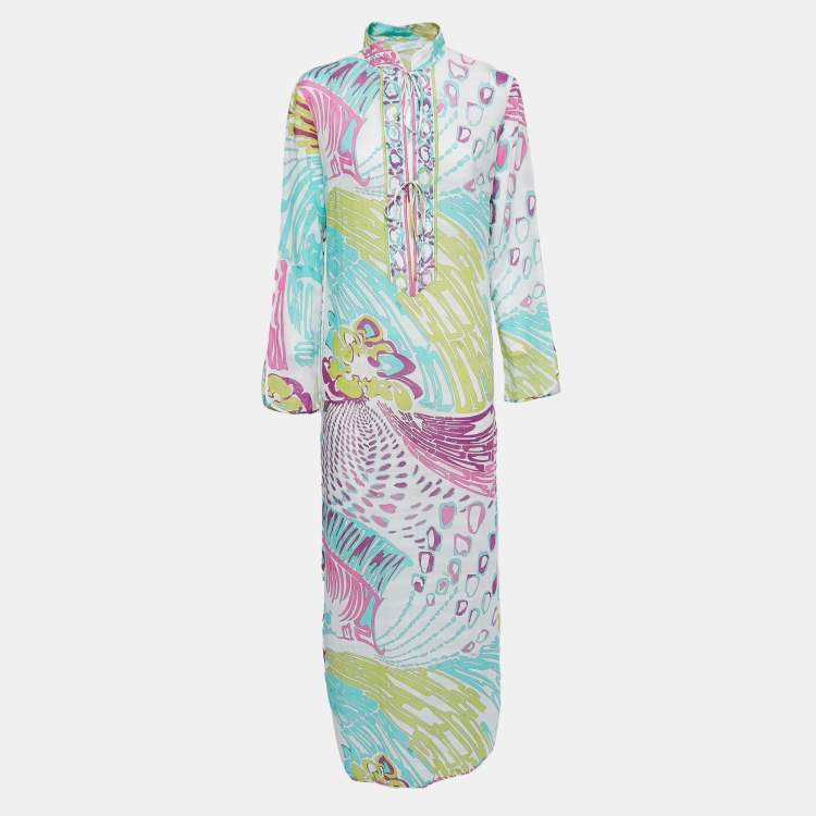 Pre Owned Emilio Pucci Multicolor Graphic Printed Cotton Tie Closure Long Cover-Up Dress M