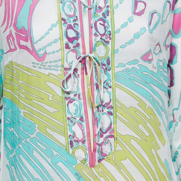 Pre Owned Emilio Pucci Multicolor Graphic Printed Cotton Tie Closure Long Cover-Up Dress M