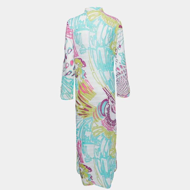 Pre Owned Emilio Pucci Multicolor Graphic Printed Cotton Tie Closure Long Cover-Up Dress M