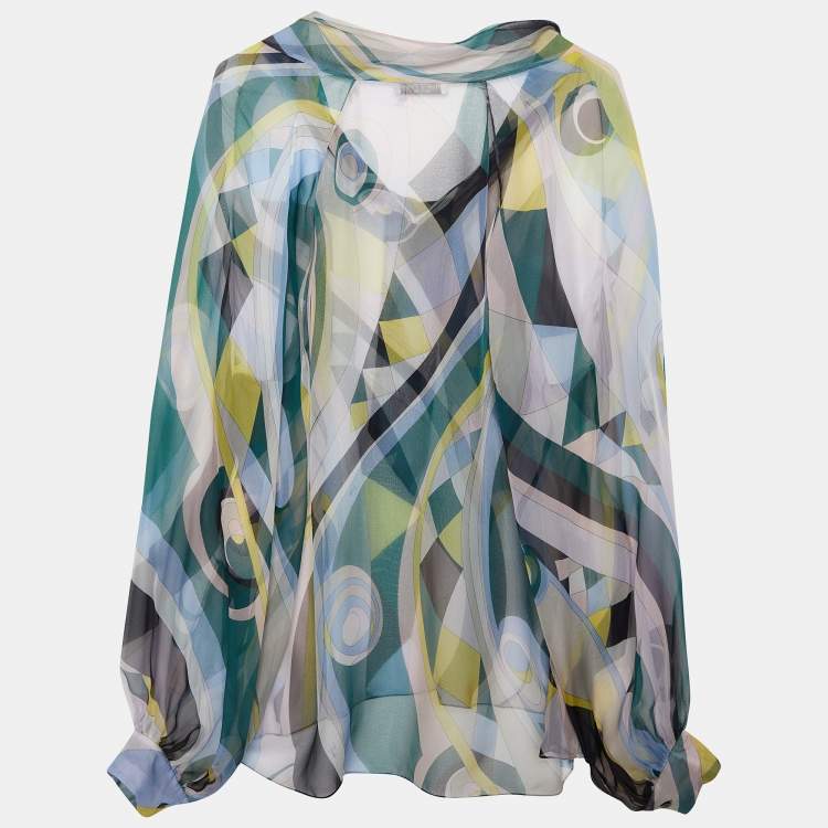 Pre Owned Emilio Pucci Multicolor Printed Silk Sheer Top L