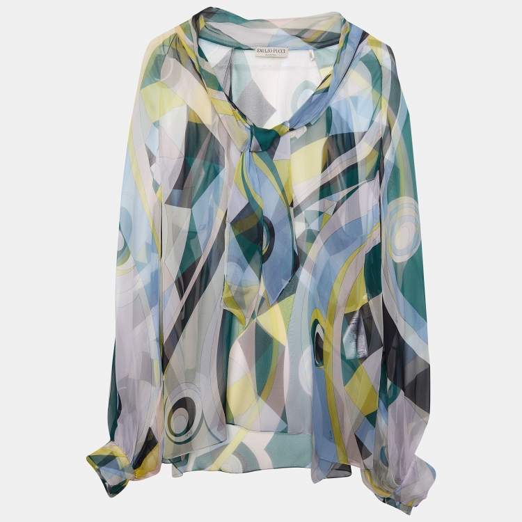 Pre Owned Emilio Pucci Multicolor Printed Silk Sheer Top L