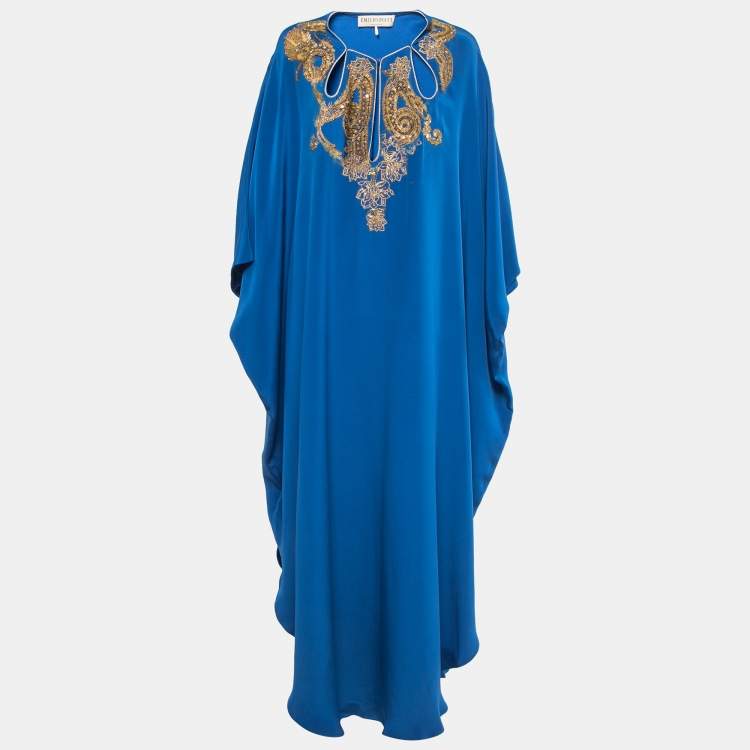 Pre Owned Emilio Pucci Blue Embroidered Silk Kaftan Maxi One Size