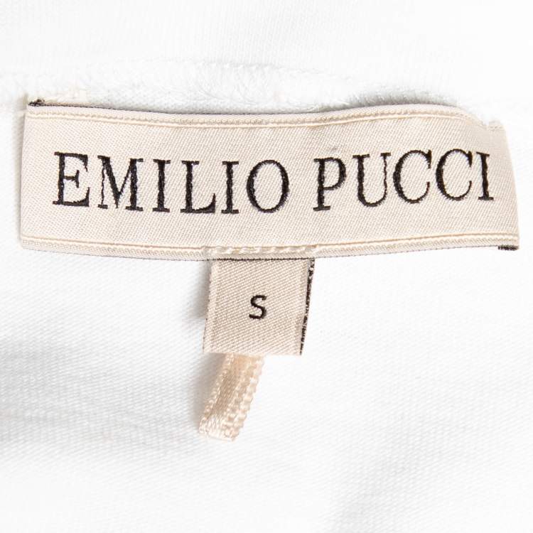Pre Owned Emilio Pucci White Cotton Knit Contrast Ruffle Sleeve T-Shirt S