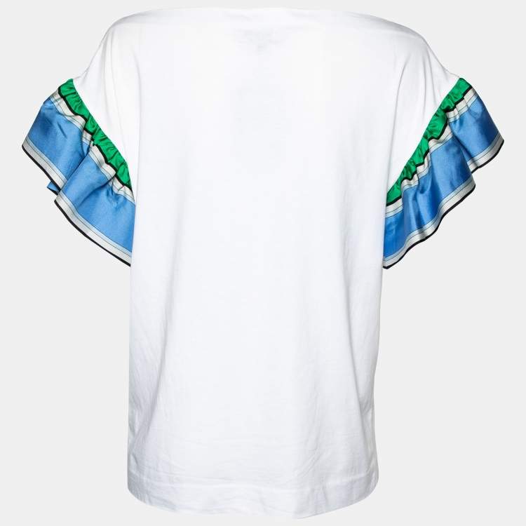 Pre Owned Emilio Pucci White Cotton Knit Contrast Ruffle Sleeve T-Shirt S