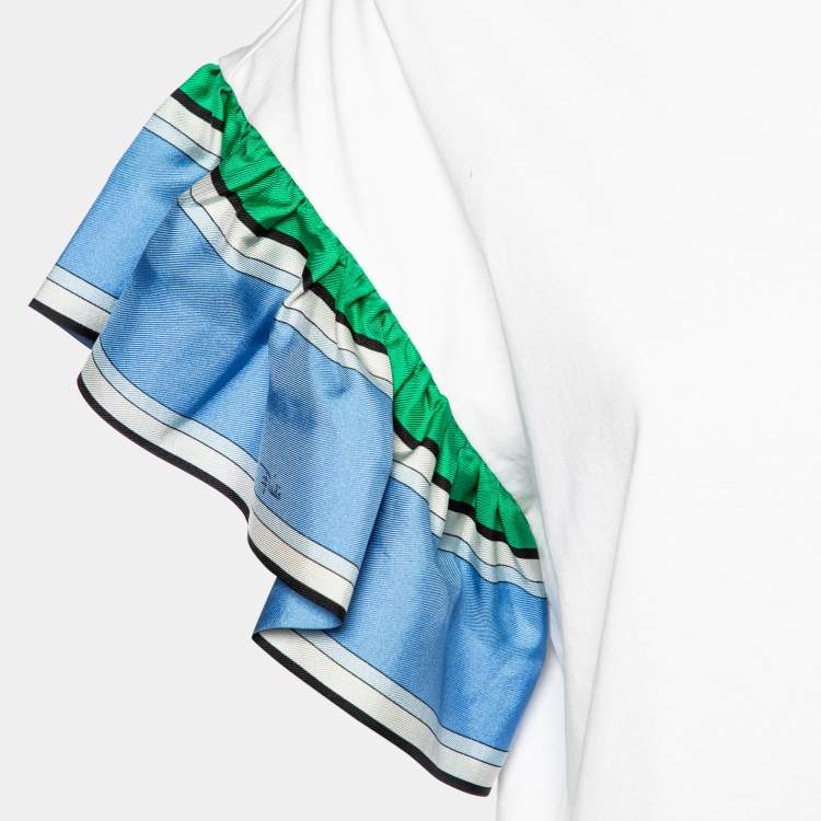 Pre Owned Emilio Pucci White Cotton Knit Contrast Ruffle Sleeve T-Shirt S