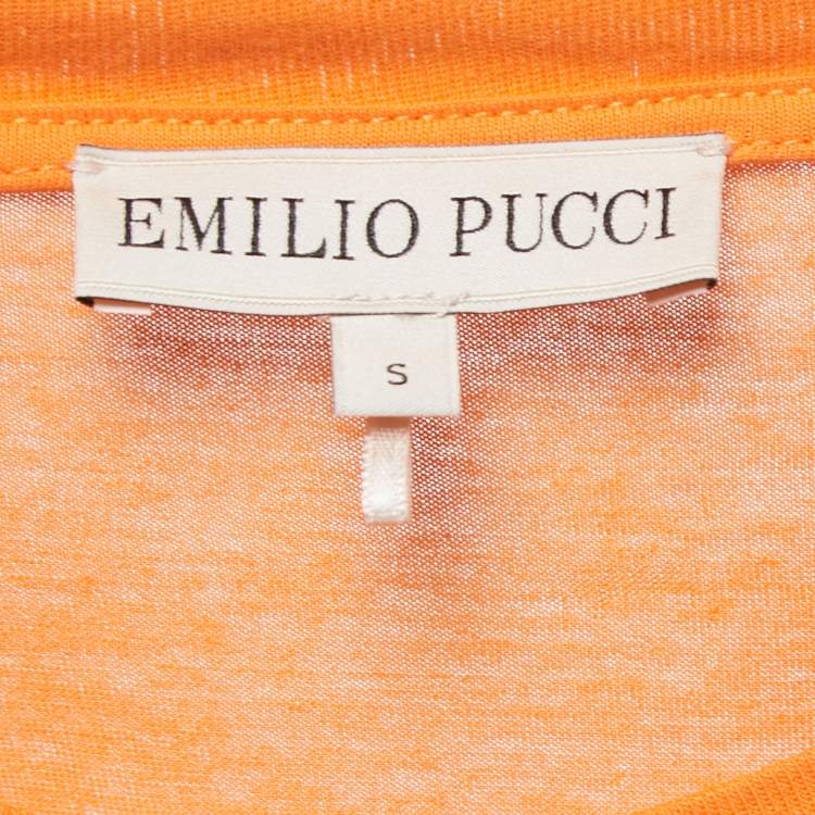 Pre Owned Emilio Pucci Orange Cotton Crystal Embellished Logo T-Shirt S