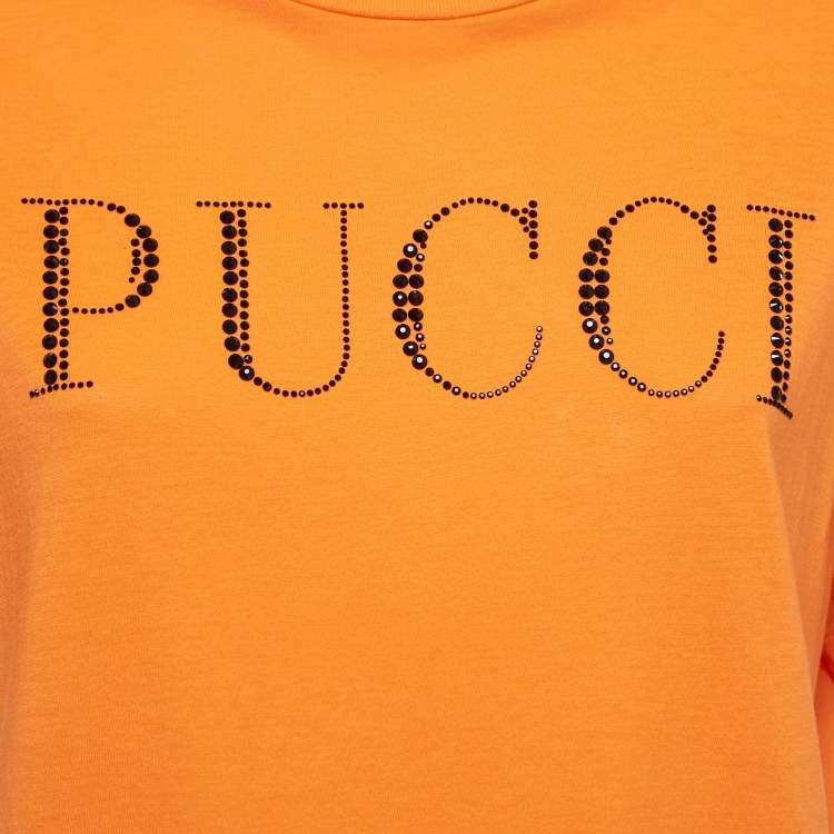 Pre Owned Emilio Pucci Orange Cotton Crystal Embellished Logo T-Shirt S