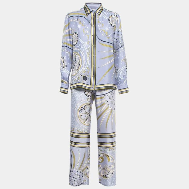 Pre Owned Emilio Pucci Light Blue Esperidi Print Silk Pant Shirt Set M